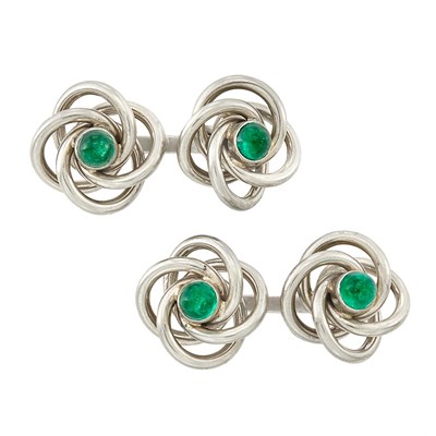 Lot 83 - Pair of White Gold and Cabochon Emerald Cufflinks, Boucheron, Paris