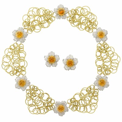 Lot 315 - Two-Color Gold and Cabochon Citrine 'Hawaii' Link Necklace and Pair of Flower Earclips, Buccellati