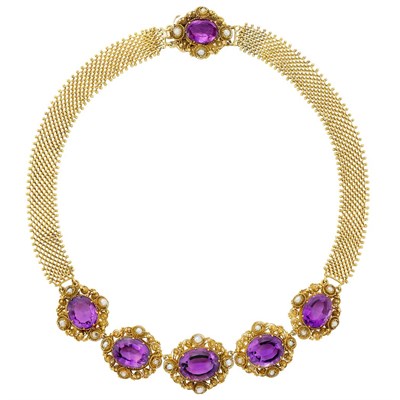 Lot 44 - Antique Cannetille Gold, Amethyst and Split Pearl Mesh Necklace