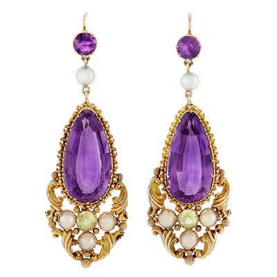 Lot 45 - Pair of Antique Gold, Amethyst, Yellow Chrysoberyl, Pearl and Split Pearl Pendant-Earrings