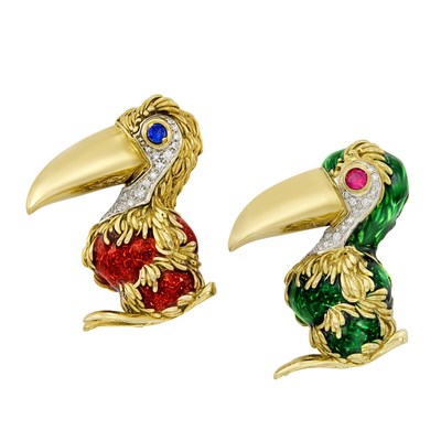 Lot 23 - Pair of Gold, Enamel, Diamond and Gem-Set Toucan Clip-Brooches, Frascarolo