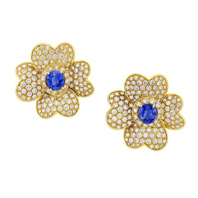 Lot 172 - Pair of Gold, Sapphire and Diamond Flower Earclips