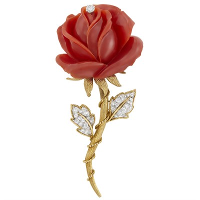 Lot 25 - Gold, Platinum, Carved Coral and Diamond Flower Clip-Brooch, David Webb