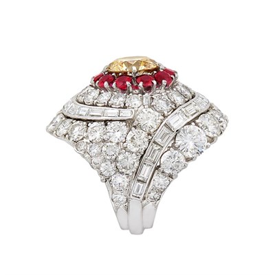 Lot 452 - Platinum, Fancy Brownish Yellow Diamond, Diamond and Ruby Ring