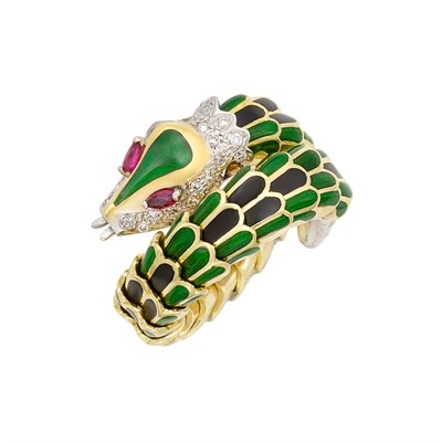 Lot 405 - Gold, Enamel, Diamond and Ruby Snake Ring