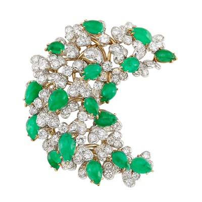Lot 401 - Gold, Platinum, Diamond and Cabochon Emerald Clip-Brooch, David Webb