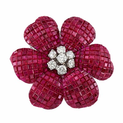 Lot 271 - White Gold, Invisibly-Set Ruby and Diamond Flower Clip-Brooch