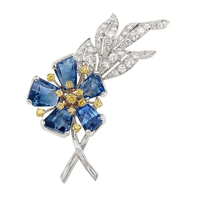 Lot 451 - Platinum, Gold, Sapphire, Diamond and Fancy Colored Diamond Flower Brooch, Oscar Heyman Brothers