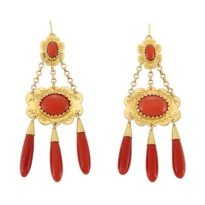 Lot 188 - Pair of Gold and Coral Pendant-Earrings