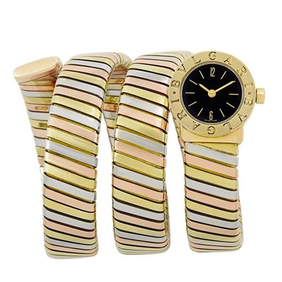 Lot 6 - Tricolor Gold 'Tubogas' Bracelet-Watch, Bulgari