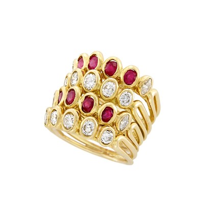 Lot 366 - Four Row Gold, Diamond and Ruby Ring, France