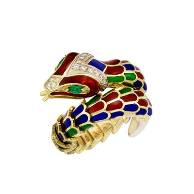 Lot 231 - Two-Color Gold, Enamel and Diamond Snake Ring