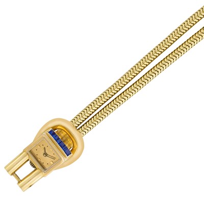 Lot 278 - Double Strand Two-Color Gold and Sapphire Snake Chain Padlock Wristwatch, Boucheron, Paris