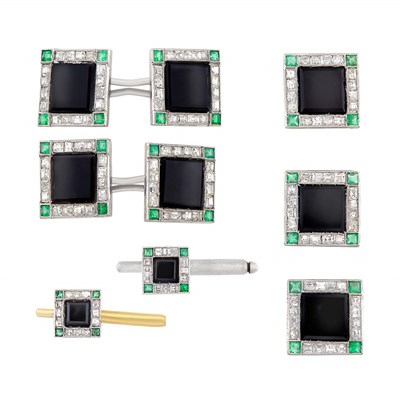 Lot 92 - Art Deco Platinum, Black Onyx, Diamond and Emerald Dress Set