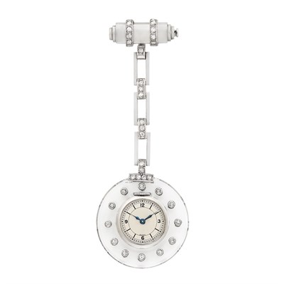 Lot 94 - Art Deco, White Gold, Platinum, Rock Crystal and Diamond Lapel Watch, France