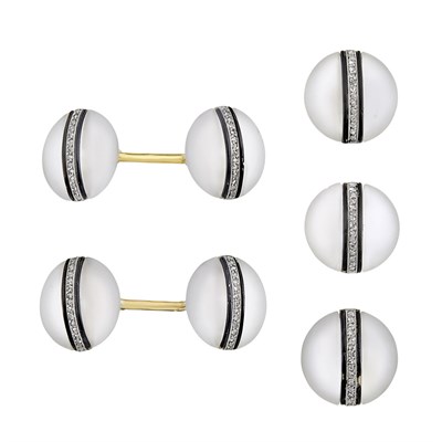 Lot 89 - Art Deco Frosted Rock Crystal, Platinum, Gold, Diamond and Black Enamel Dress Set, France