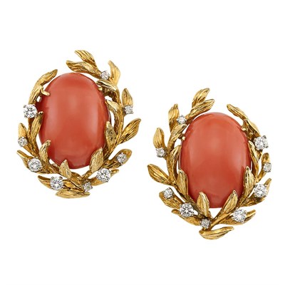 Lot 393 - Pair of Gold, Coral and Diamond Earclips, David Webb