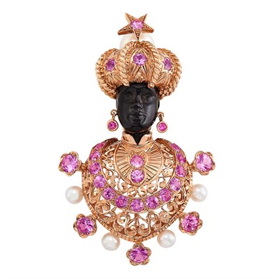 Lot 309 - Rose Gold, Pink Sapphire and Cultured Pearl Blackamoor Clip, G. Nardi