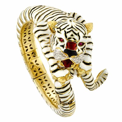 Lot 298 - Gold, Enamel and Diamond Tiger Bangle Bracelet, Frascarolo