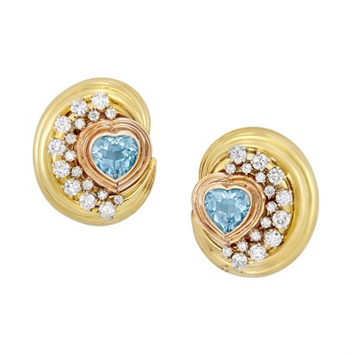 Lot 371 - Pair of Two-Color Gold, Aquamarine and Diamond Earclips, David Webb