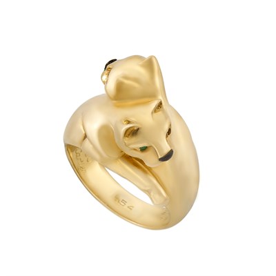 Lot 2 - Gold, Emerald and Black Enamel Panther Ring, Cartier