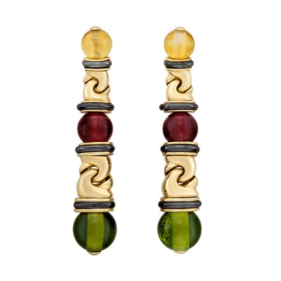 Lot 200 - Pair of Gold, Blackened Gold and Colored Stone Bead Pendant-Earclips, Bulgari