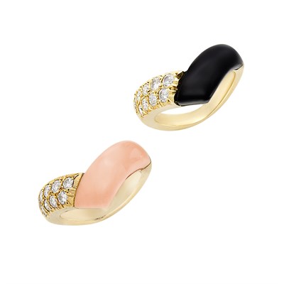 Lot 296 - Pair of Gold, Angel Skin Coral, Black Onyx and Diamond Rings, Van Cleef & Arpels