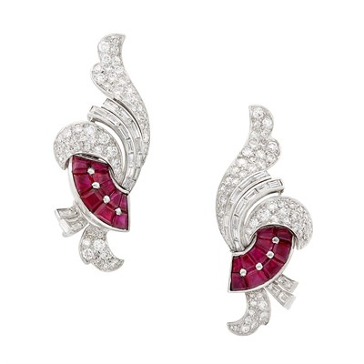 Lot 453 - Pair of Platinum, Diamond and Ruby Earclips