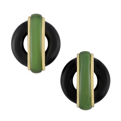 Lot 290 - Pair of Black Onyx, Gold and Nephrite Earclips, Cartier, Aldo Cipullo