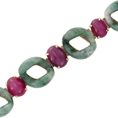 Lot 215 - Gold, Jade and Cabochon Ruby Curb Link Bracelet, Seaman Schepps