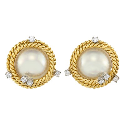 Lot 13 - Pair of Gold, Platinum, Mabe Pearl and Diamond 'Rope' Earclips, Tiffany & Co., Schlumberger