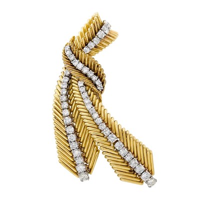 Lot 402 - Gold, Platinum and Diamond Ribbon Clip-Brooch, Van Cleef & Arpels, France