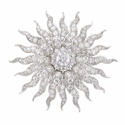 Lot 343 - Antique Platinum, Gold and Diamond Sunburst Pendant-Brooch