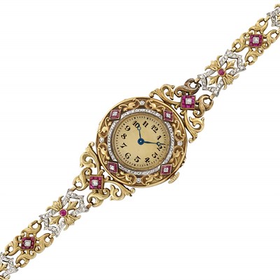 Lot 46 - Belle Epoque Gold, Platinum, Ruby and Diamond Wristwatch, France