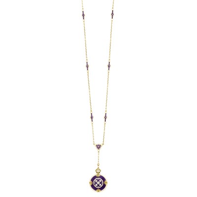 Lot 52 - Antique Gold, Platinum, Purple Guilloche Enamel, Enamel and Diamond Locket Pendant-Necklace