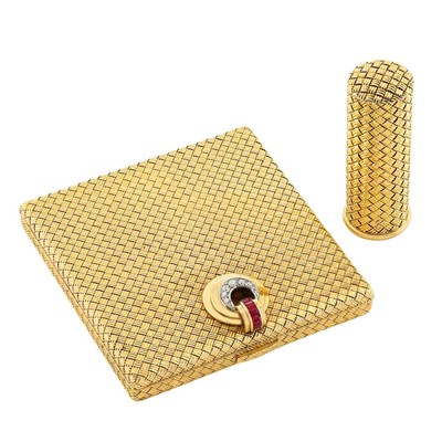 Lot 275 - Gold, Platinum, Diamond and Ruby Compact and Lipstick Case, Boucheron, Paris
