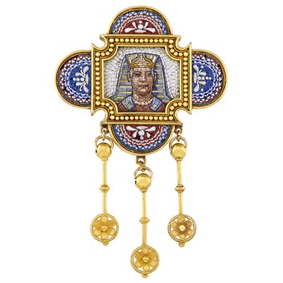 Lot 35 - Egyptian Revival Gold and Micromosaic Brooch