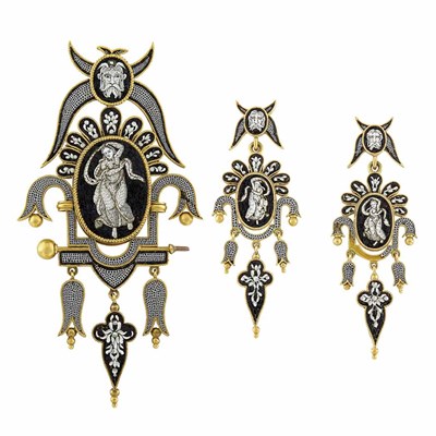 Lot 38 - Antique Gold and Micromosaic Pendant-Brooch and Pair of Pendant-Earrings