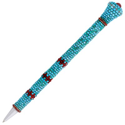 Lot 98 - Antique Turquoise, Silver and Garnet Parasol Handle/Pen Combination