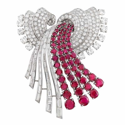 Lot 455 - Platinum, Ruby and Diamond Double Clip-Brooch