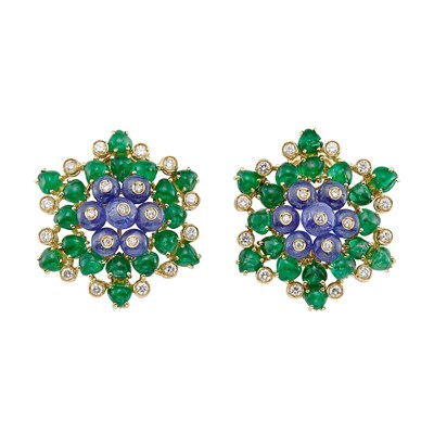 Lot 17 - Pair of Gold, Sapphire Bead, Cabochon Emerald and Diamond Flower Earclips, Giovane