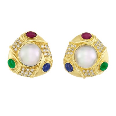 Lot 18 - Pair of Gold, Mabe Pearl, Cabochon Sapphire, Ruby and Emerald Earclips
