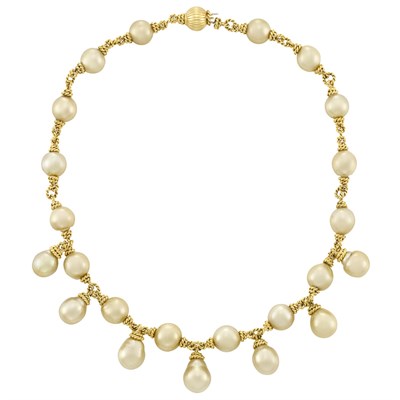 Lot 15 - Gold and Golden South Sea Cultured Pearl Fringe Necklace