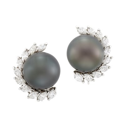 Lot 479 - Pair of White Gold, Tahitian Gray Cultured Pearl and Diamond Earclips