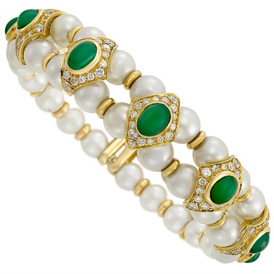 Lot 19 - Double Strand Cultured Pearl, Gold, Cabochon Emerald and Diamond Bangle Bracelet