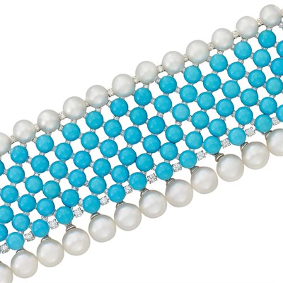Lot 472 - White Gold, Turquoise, Cultured Pearl and Diamond Cuff Bracelet, Giovane