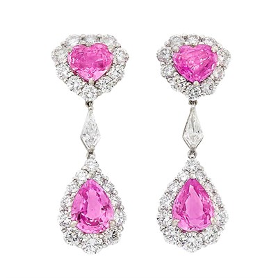 Lot 117 - Pair of Platinum, Pink Sapphire and Diamond Pendant-Earclips