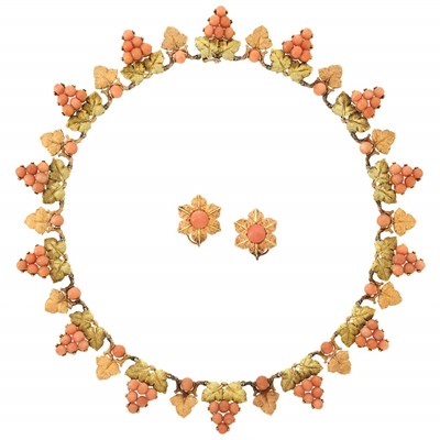 Lot 395 - Two-Color Gold and Coral Necklace and Pair of Earclips, Mario Buccellati