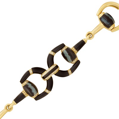 Lot 291 - Gold, Black Onyx, Agate and Diamond Stirrup Link Bracelet, Gucci