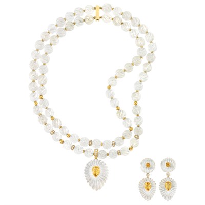 Lot 320 - Double Strand Fluted Rock Crystal, Gold, Citrine and Diamond Necklace and Pair of Earclips, Andre Vassort